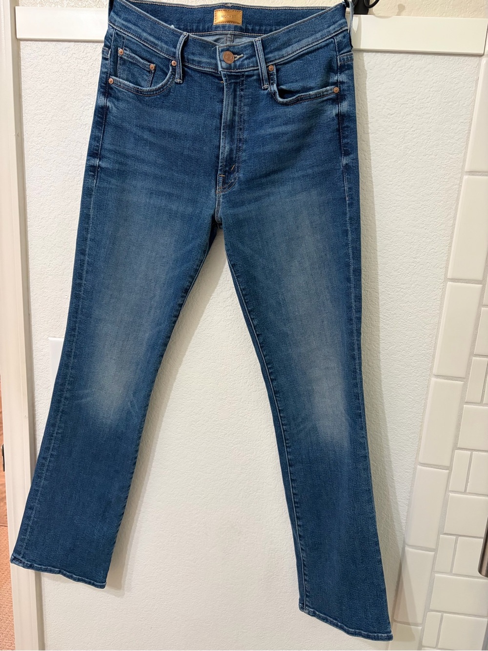 MOTHER Cropped Insider Flood Jeans in Mid Blue color way : over the top